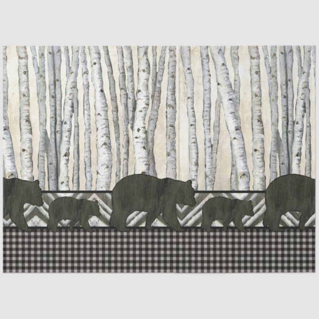 Birch Tree Black Bear Rustic Decoupage  Tissue Paper (Front)