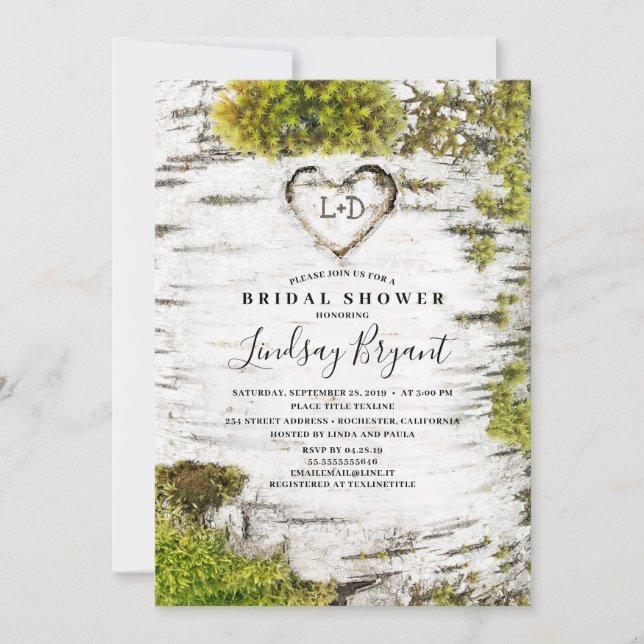 Birch Tree Carved Heart Rustic Fall Bridal Shower Invitation (Front)