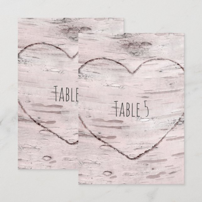 Birch Tree & Carved Heart Rustic Table Number (Front/Back)