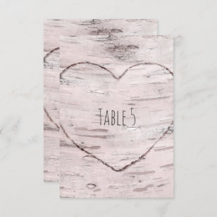 Birch Tree & Carved Heart Rustic Table Number