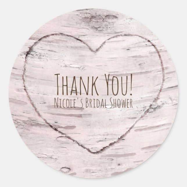 Birch Tree & Carved Heart Rustic Wedding Favour Classic Round Sticker (Front)