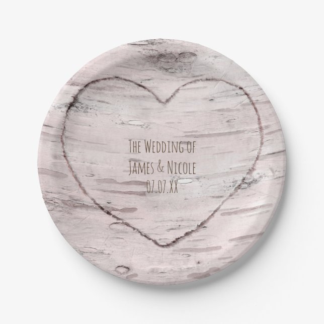 Birch Tree & Carved Heart Rustic Wedding Reception Paper Plate (Front)