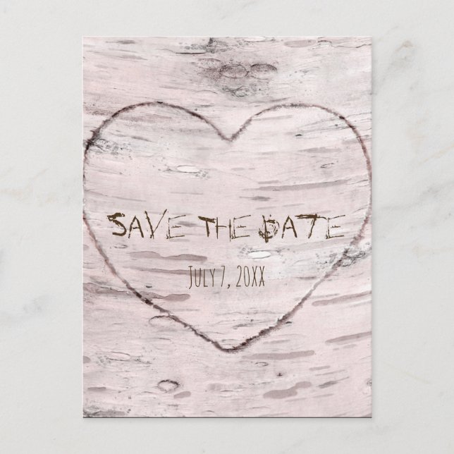 Birch Tree & Carved Heart Wedding Save The Date Announcement Postcard (Front)