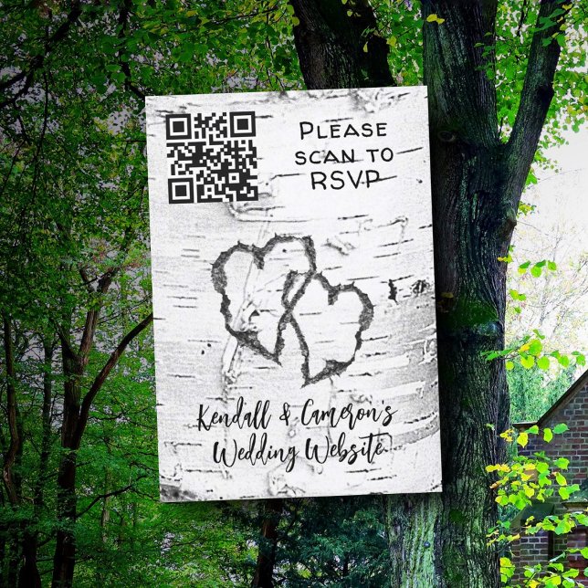 Birch Tree Carved Hearts QR code Wedding RSVP Card (Creator Uploaded)