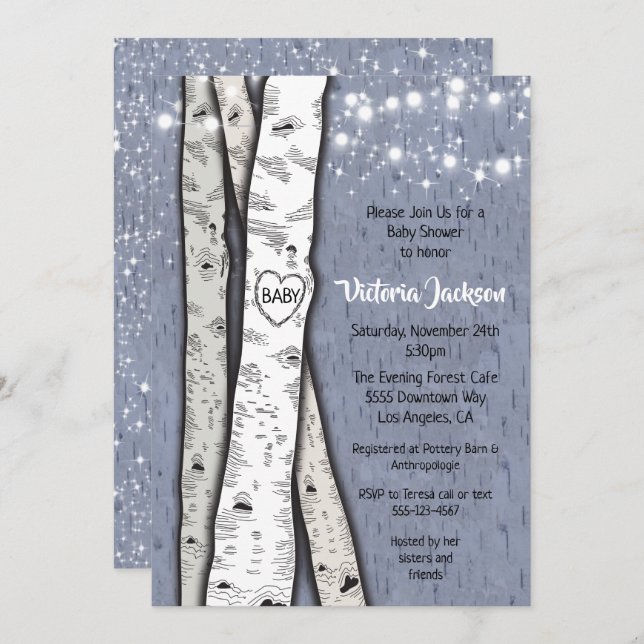 Birch Tree Evening Twinkle Lights Baby Shower Invitation (Front/Back)