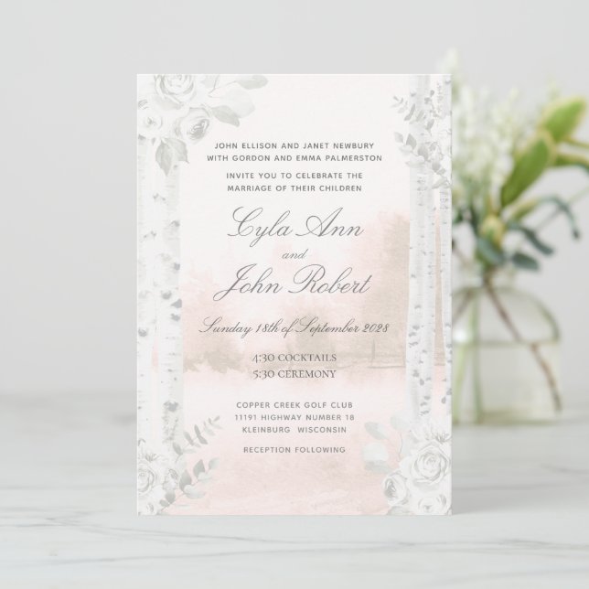 Birch Tree Forest Blush Wedding Invitation (Standing Front)