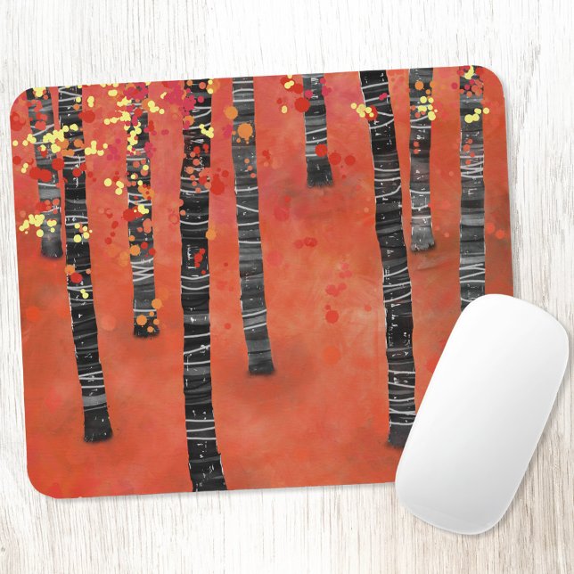 Birch Tree Forest Landscape Mouse Pad (Birch Aspen tree forest abstract red art mousemat)