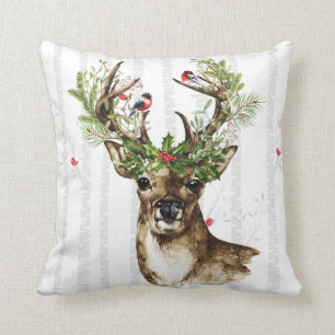 Birch Tree forest with a woodland Christmas deer Cushion