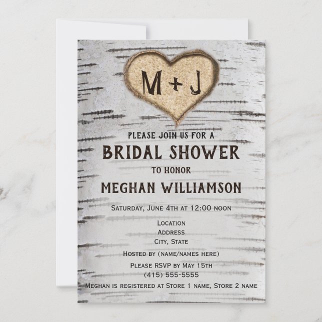 Birch tree heart initials bridal shower invitation (Front)