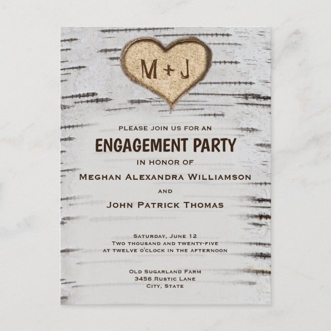 Birch tree heart initials rustic engagement party postcard (Front)