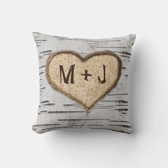 Birch tree heart initials rustic wedding cushion (Front)