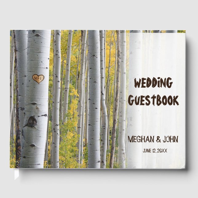 Birch tree heart initials rustic wedding guest book (Front)