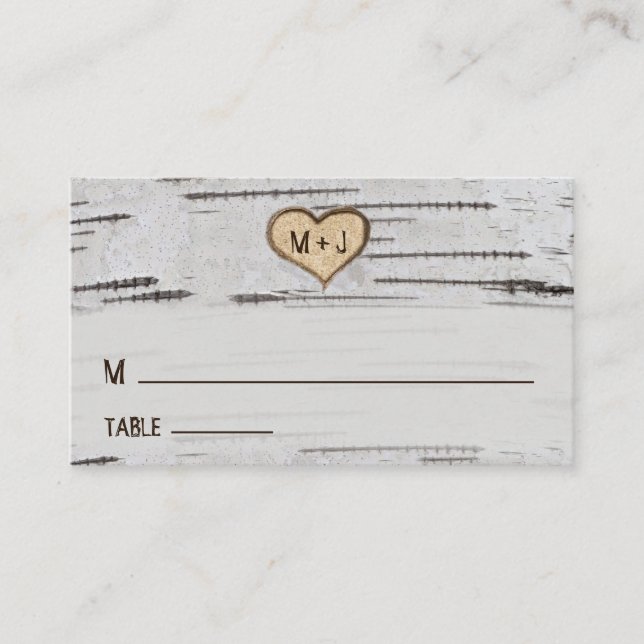 Birch tree heart initials rustic wedding place card (Front)