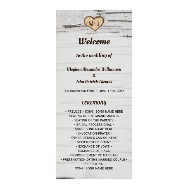 Birch tree heart initials rustic wedding program rack card (Front)