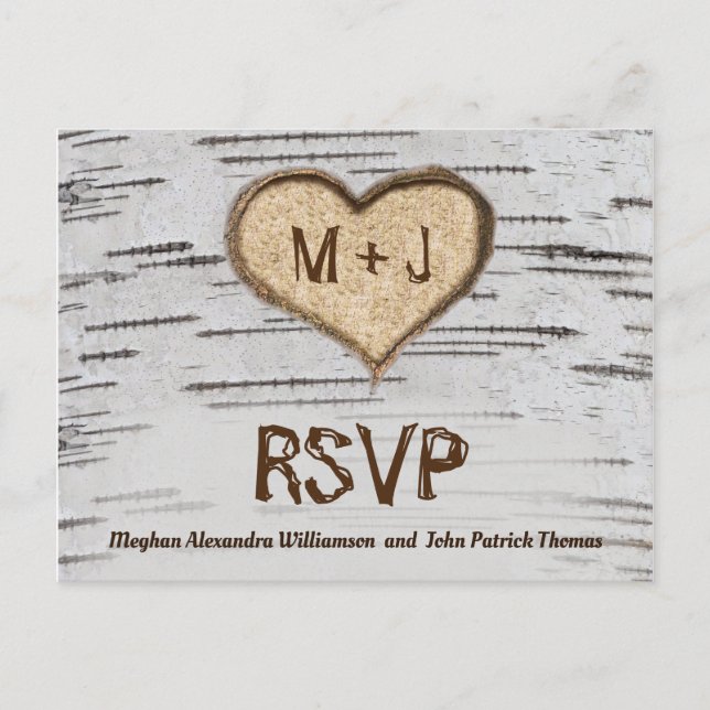 Birch tree heart initials rustic wedding RSVP Postcard (Front)
