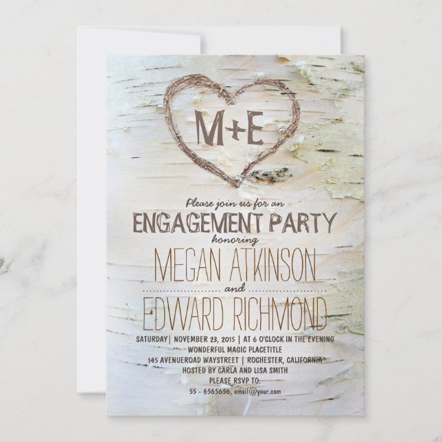 Birch tree heart rustic engagement party invites (Front)