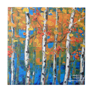 Birch Tree Painting, Blue Birch, Fall textured Art Ceramic Tile