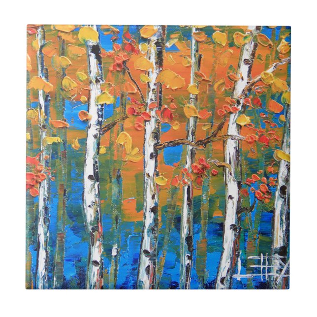Birch Tree Painting, Blue Birch, Fall textured Art Ceramic Tile (Front)