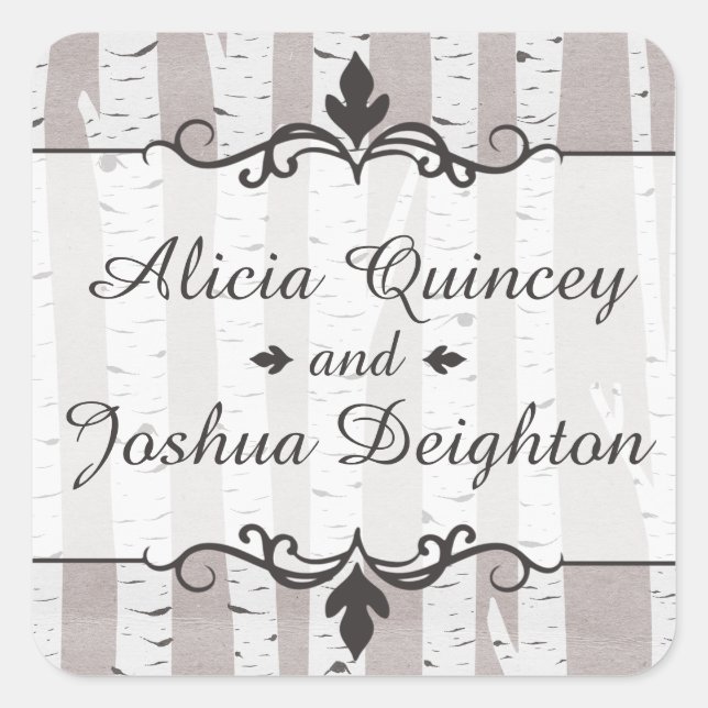 Birch Tree Rustic Nature Wedding Personalised Square Sticker (Front)