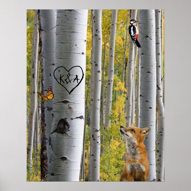 Birch Tree Rustic Personalised Carved with Fox Poster (Front)