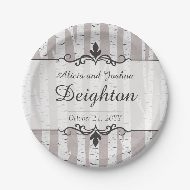 Birch Tree Rustic Wood Nature Wedding Personalised Paper Plate (Front)