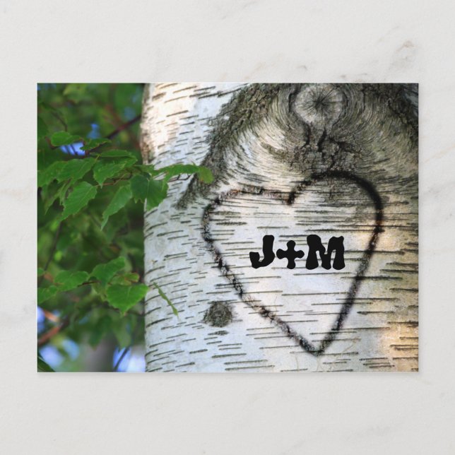 Birch Tree Save Date Bride Groom Heart Monograms Announcement Postcard (Front)