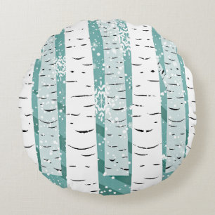 Birch tree snowflake winter woodland striped teal round cushion
