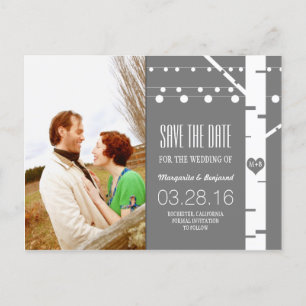birch tree string lights photo save the date announcement postcard
