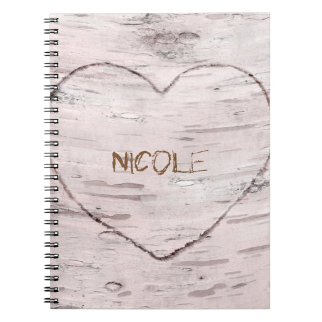 Birch Tree Wood & Heart Rustic Personalised Notebook (Front)