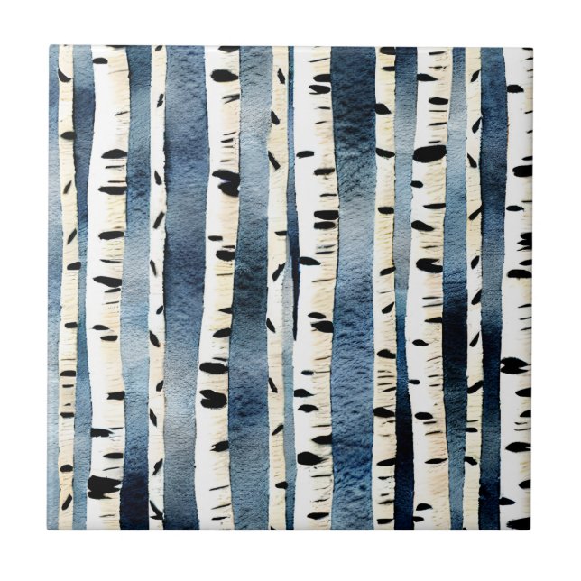 Birch trees blue white black seamless pattern chic ceramic tile (Front)