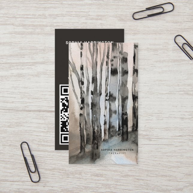 Birch Trees Custom QR Code Scannable Mountains Business Card (Front/Back In Situ)
