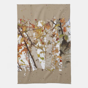 Birch Trees Fall Leaves Rough Edge Spatter Rustic Tea Towel