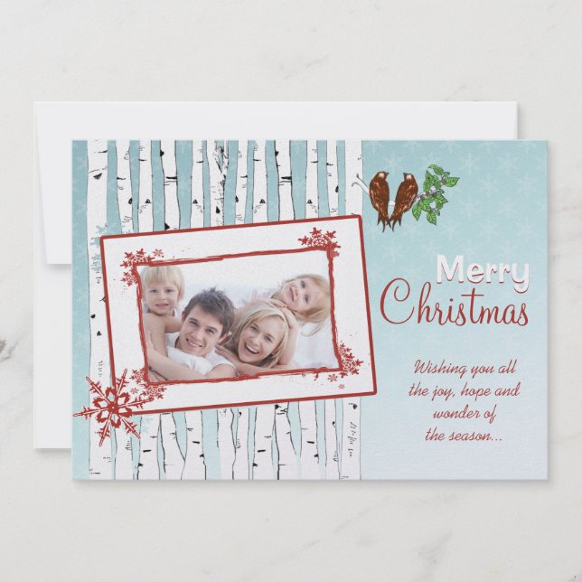 Birch Trees & Flying Birds Red Merry Christmas Holiday Card (Front)
