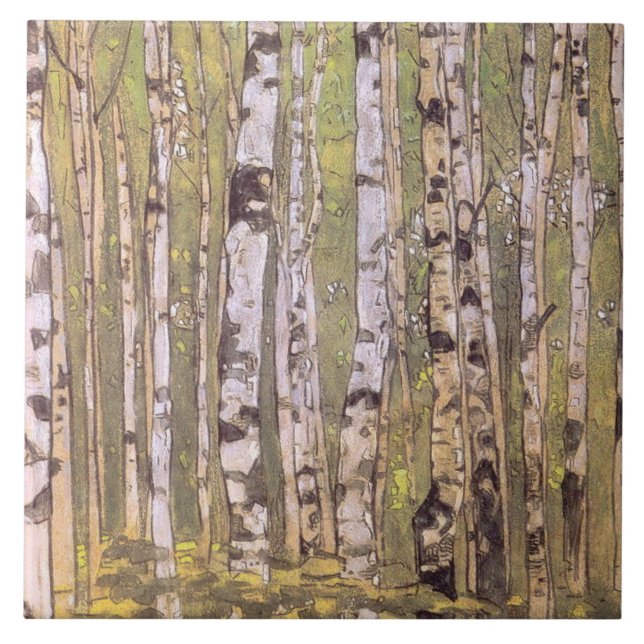 Birch Trees in a Woodland Forest (Roerich) Ceramic Tile (Front)