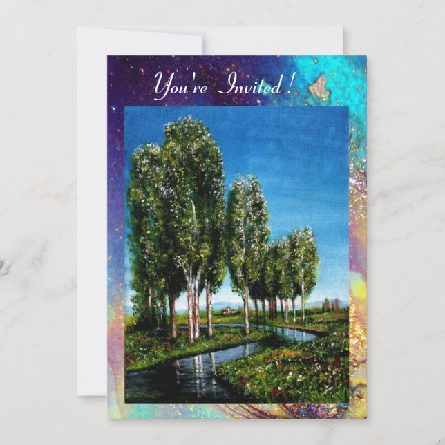BIRCH TREES IN TUSCANY, blue green gold sparkles Invitation (Front)
