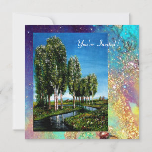 BIRCH TREES IN TUSCANY, blue green gold sparkles Invitation