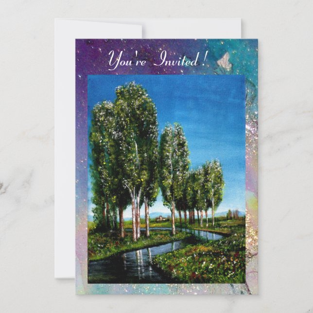 BIRCH TREES IN TUSCANY, blue green sparkles Invitation (Front)
