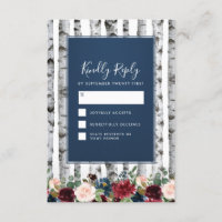 Birch Trees Navy Blue Burgundy Wedding RSVP Cards