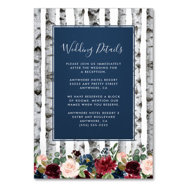 Birch Trees Navy Burgundy Wedding Insert Cards (Front)