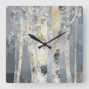 Birch Trees On Grey Background 6 Square Wall Clock