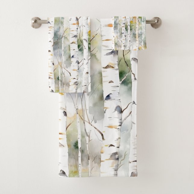 Birch trees pattern green bath towel set (Insitu)