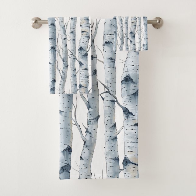 Birch trees pattern grey white bath towel set (Insitu)