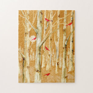 Birch Trees Red Cardinals Art Jigsaw Puzzle