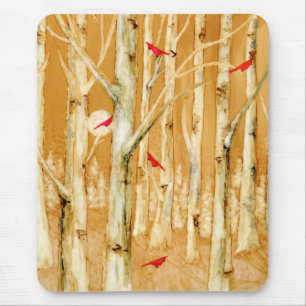Birch Trees Red Cardinals Mouse Pad