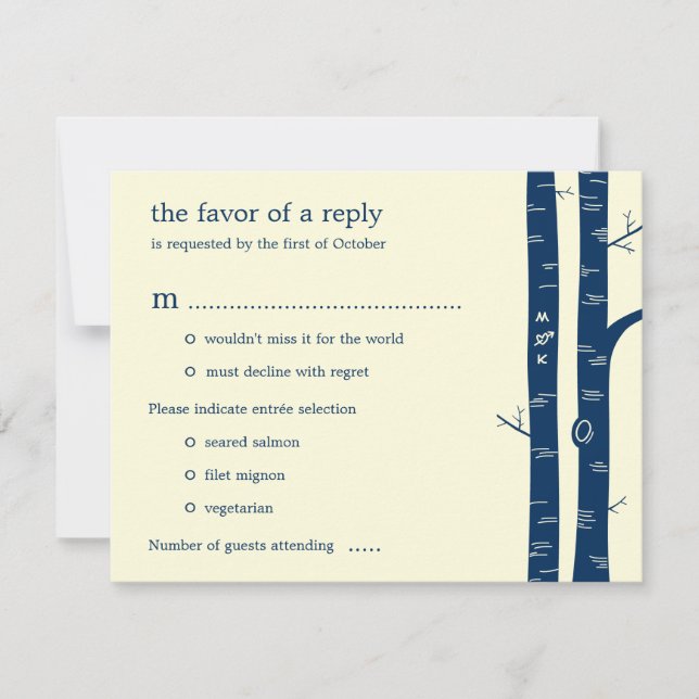 Birch Trees Wedding RSVP Card with entrée - Navy (Front)