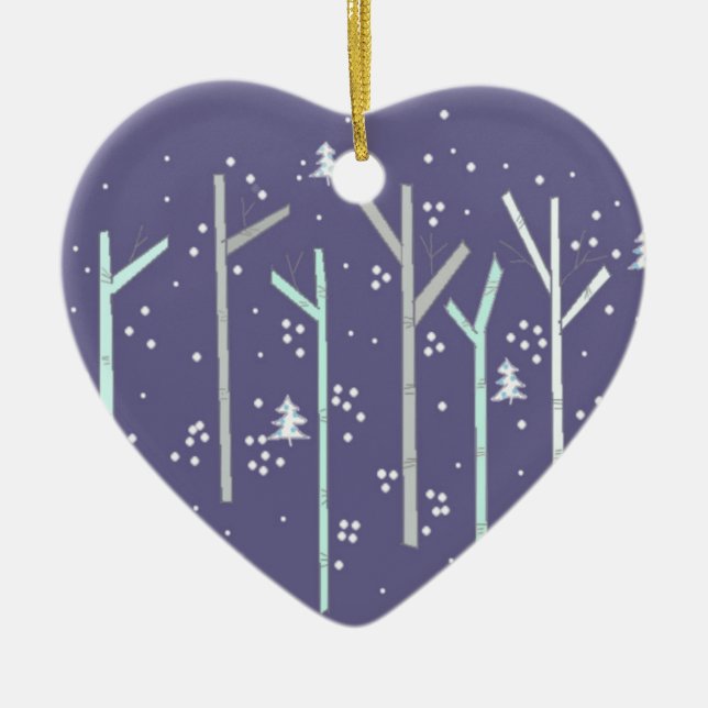 Birch Trees with Falling Snow Ceramic Ornament (Front)