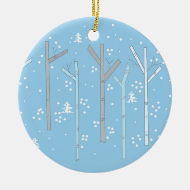 Birch Trees with Falling Snow Ceramic Tree Decoration (Front)