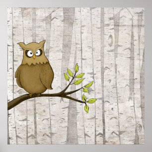 Birch Trees with Owl Poster