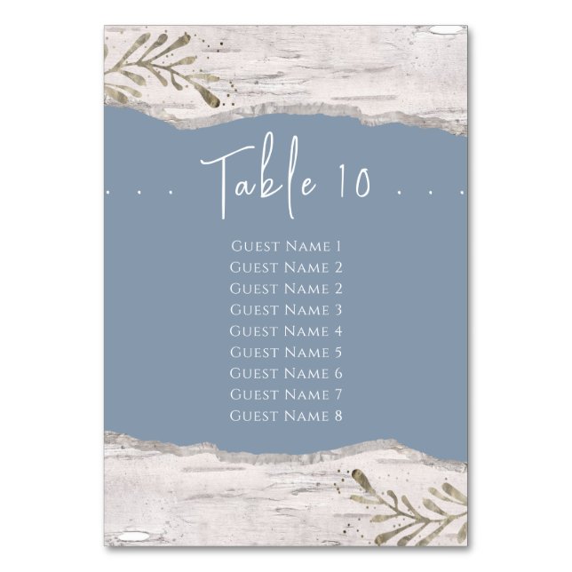 Birch Wood Dust Blue Wedding Table Number List (Front)