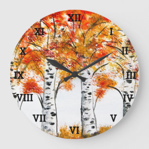 Birches Trees Autumn Fall Leaves Orange Forest  Large Clock